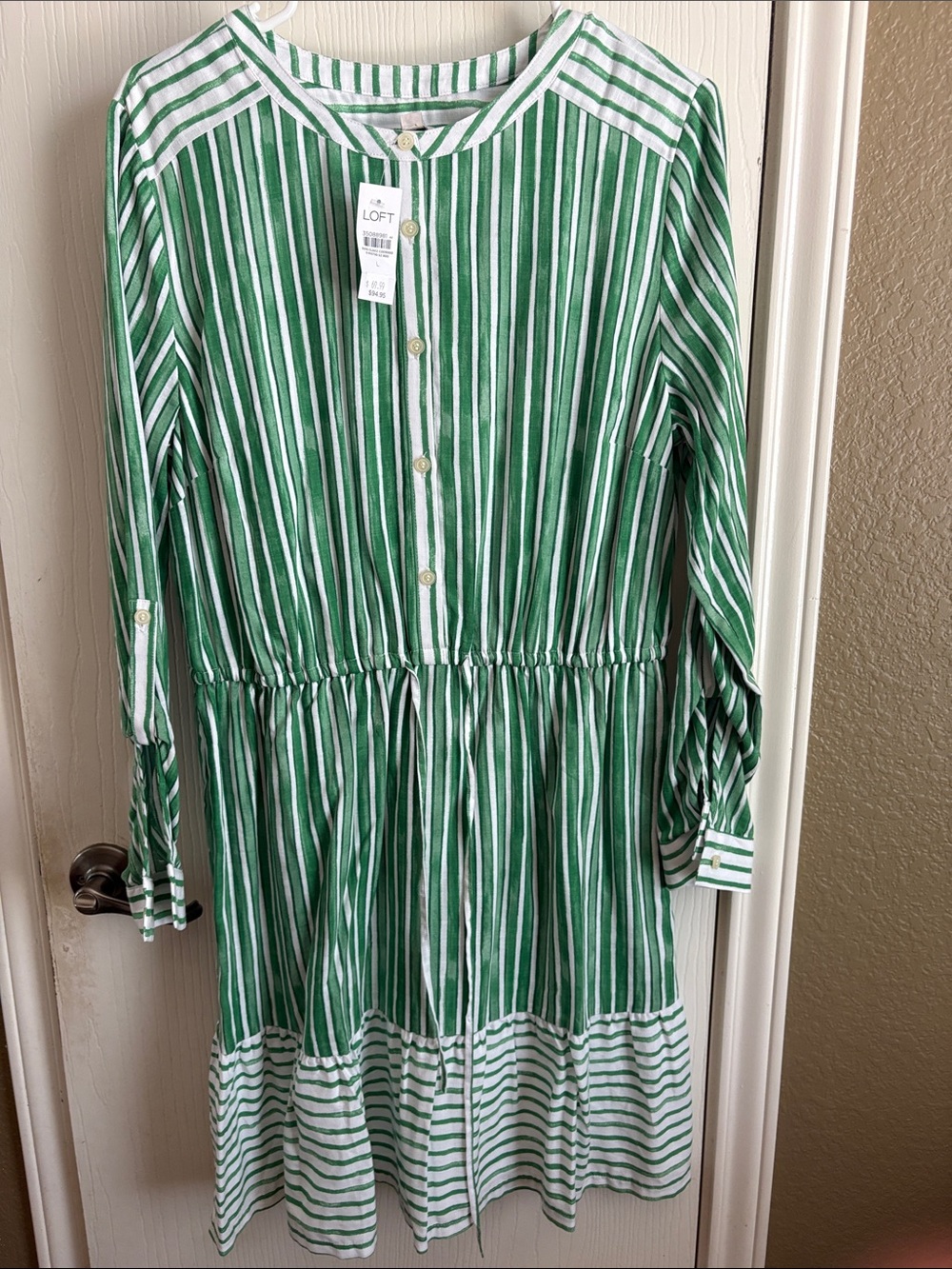 LOFT Green and White Striped Button-Front Kids Dress